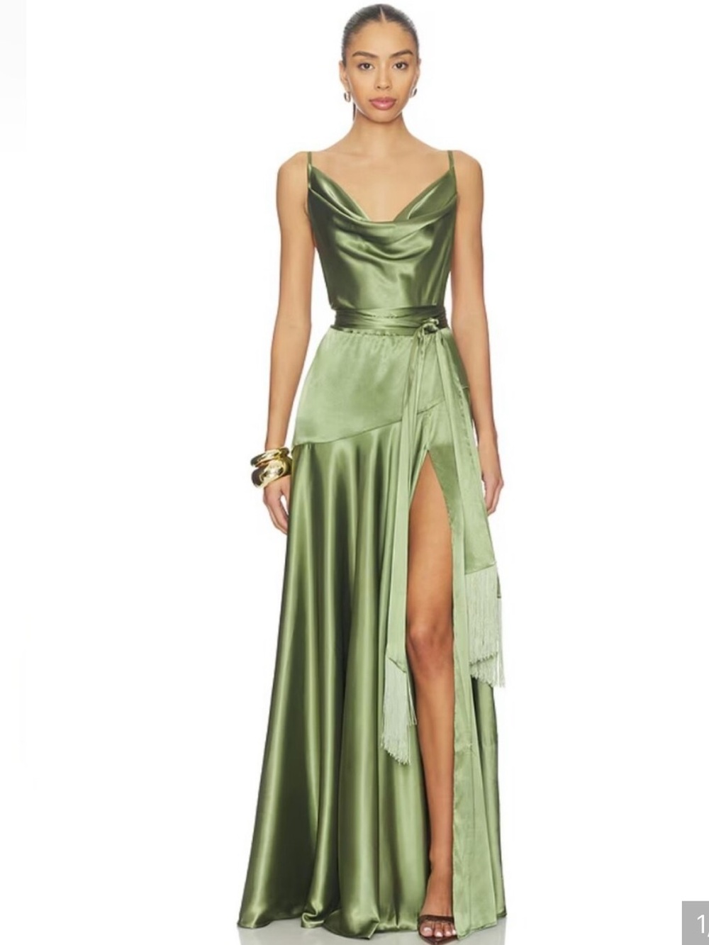 Bronx and Banco Leo Satin Cowl-Neck Maxi Dress in Olive Green